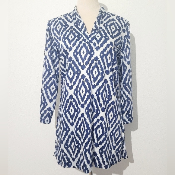 Woman's Brooks Brothers Blue Ikat Tunic Blouse 100% Cotton Size Small 3/4 Sleeve - Picture 2 of 12